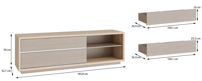 TV Kommode FICAR Lowboard 2 Schubladen Riva Eiche / Imbiah Pine, Forte