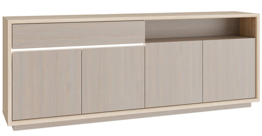 Sideboard Kommode FICAR mit LED in Riva Eiche und Imbiah Pine, Gesamtansicht von vorne.