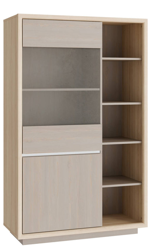 Highboard Vitrine FICAR 2-trg. in Riva Eiche und Imbiah Pine mit Glasschiebetüren und offenen Regalen in Gesamtansicht.