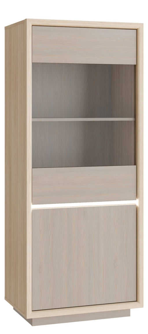 Vitrine FICAR Highboard schmal 2-trg. mit Glastüren und Holzrahmen in Riva Eiche, Gesamtansicht.