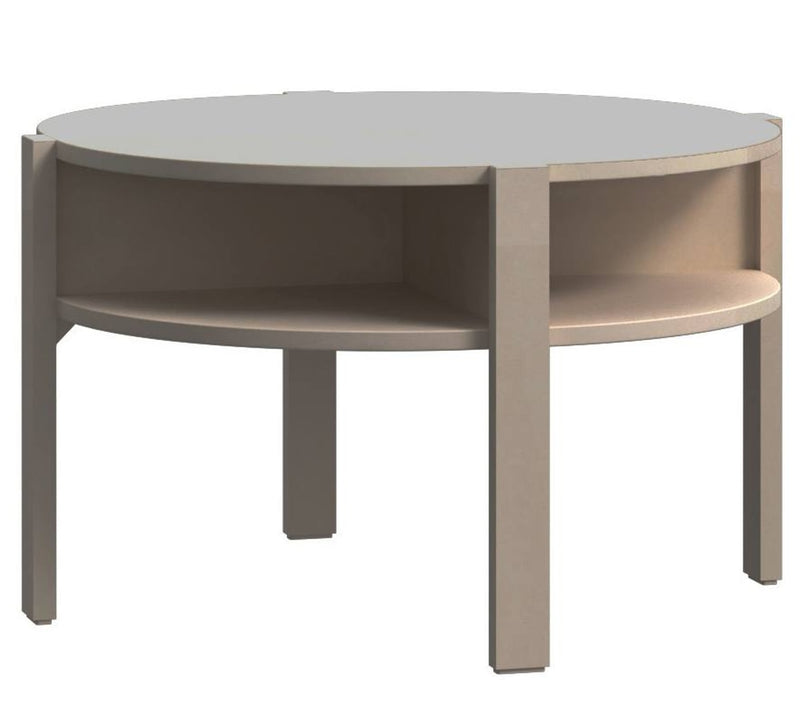 Couchtisch TOBAGO rund mit taupefarben lackiertem Holzgestell und runder Tischplatte, Gesamtansicht von oben.