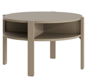 Couchtisch TOBAGO rund in Taupe mit kreisrunder Holzplatte und vier Holzbeinen, Gesamtansicht.