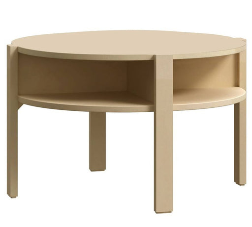 Couchtisch TOBAGO rund in Buttergelb mit rundem Tablett und seitlichen offenen Fächern, Gesamtansicht.
