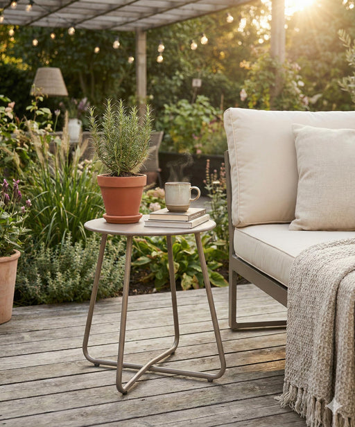 Beistelltisch VALERIA aus Stahl in Taupe mit runder Tischplatte, von der Seite in einer Gartenumgebung fotografiert.