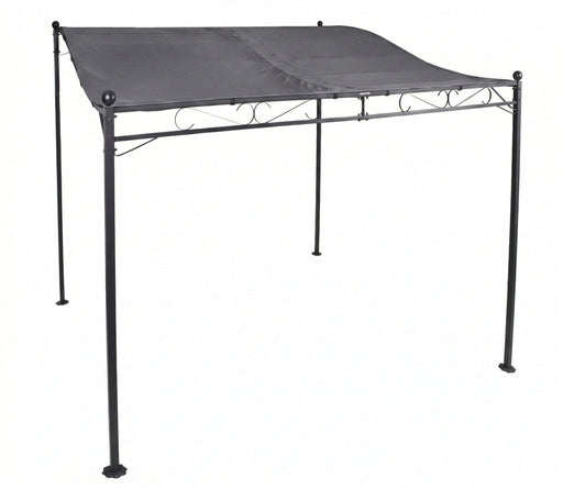 LEX Anbaupavillon 2,5x3 m Pergola mit grauem Dach und schwarzem Metallgestell mit Ornamenten, Gesamtansicht.