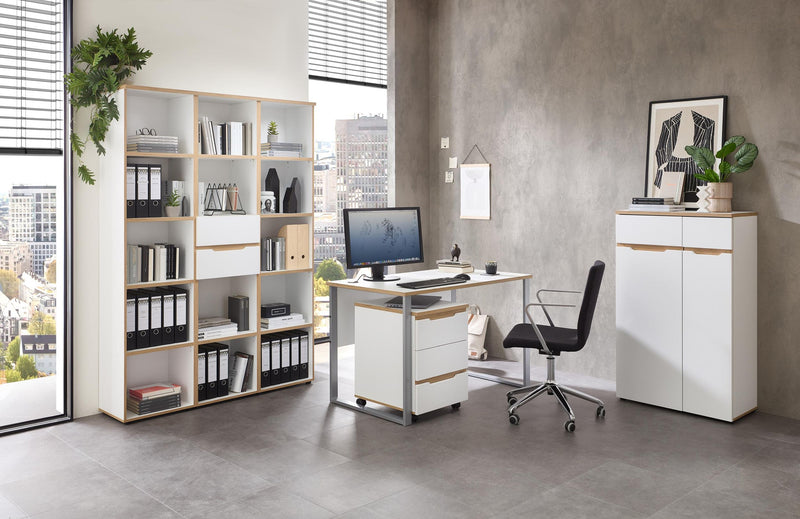 Büroregal MEMPHIS Weiß supermatt & Artisan Eiche – 2 Schubkästen