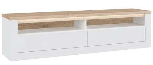 TV-Board DURAOAK Lowboard mit Wildeiche-Dekor Arbeitsplatte, weißen Schubladen und offenen Fächern in Gesamtansicht.