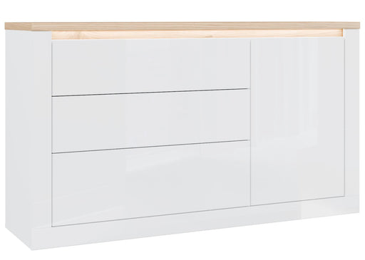 Sideboard Kommode DURAOAK in Weiß glänzend mit Wildeiche-Dekor und horizontalen Griffleisten, Gesamtansicht.