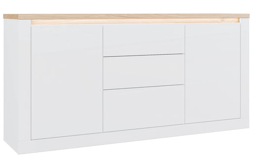 Sideboard DURAOAK 2-trg. 3 Schubladen in Weiß glossy mit Eiche-Dekor-Oberplatte, Gesamtansicht von vorne.