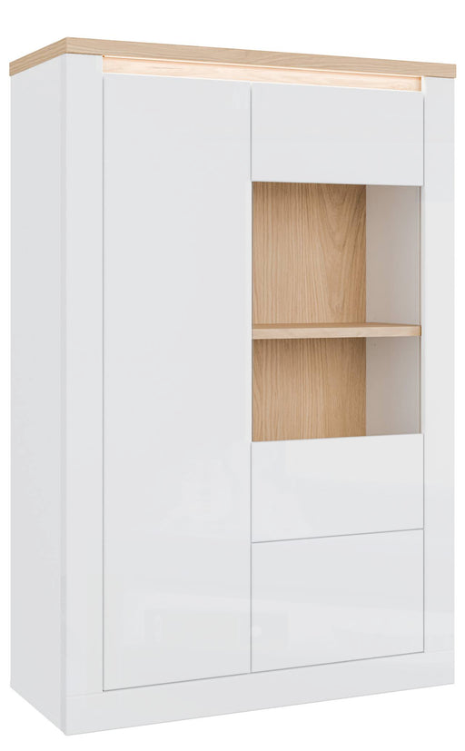 Highboard Vitrine DURAOAK in Weiß glänzend mit Wildeiche-Dekor-Einsätzen, Gesamtansicht von vorne.