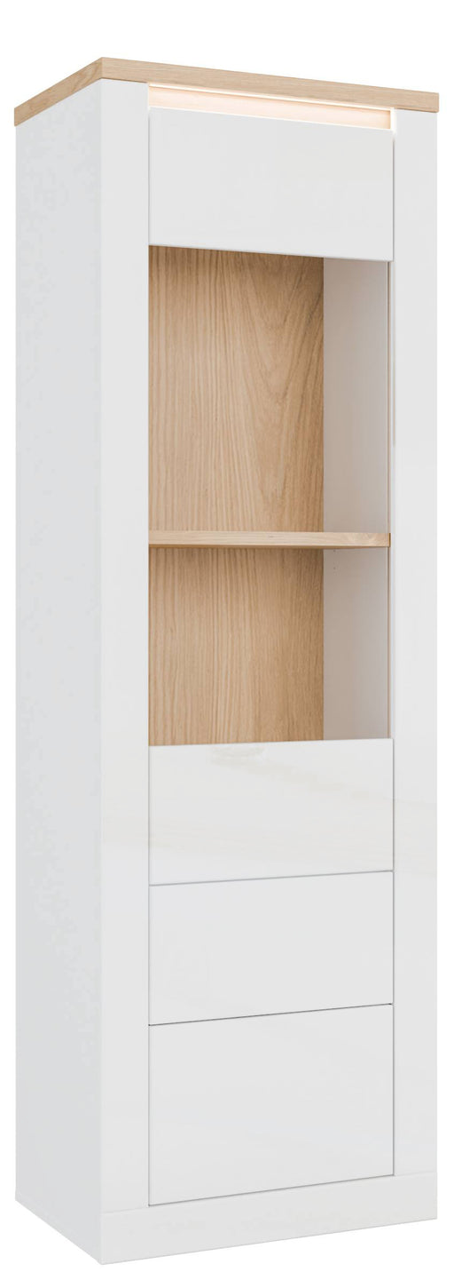 Vitrine DURAOAK 1-trg. in Weiß glänzend mit Wildeiche Dekor, Gesamtansicht mit Holzeinschubfächern und Schubkästen.
