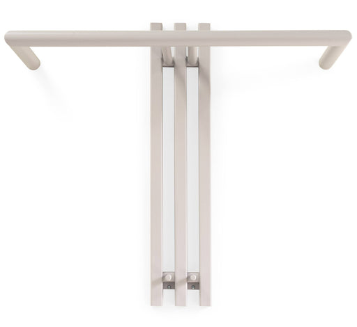 Wandgarderobe SENZA 1 mit horizontaler Stange und drei vertikalen Elementen in Silky Taupe, Gesamtansicht von vorne.
