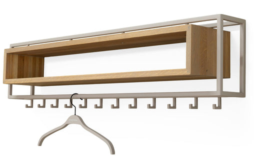 Garderobe Wandgarderobe SCHOOL 120 mit Stahlgestell in Taupe, Massivholzablage in Eiche und Hakenleiste, Gesamtansicht.