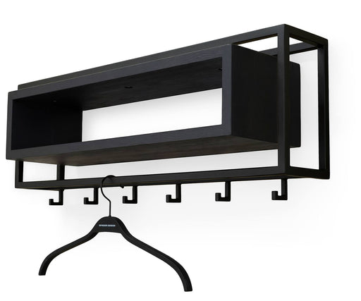 Wandgarderobe SCHOOL 80 BLACK in schwarzer Ausführung mit offenem Fachwerk, Ablage und sechs Kleiderhaken, Gesamtansicht.