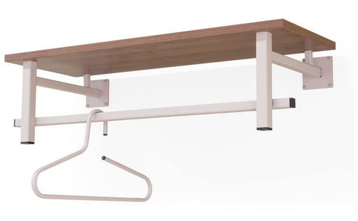 Wandgarderobe SIMPLON mit Holzablage, Stahlrohr-Gestell in Taupe und integrierten Kleiderhaken, Gesamtansicht.