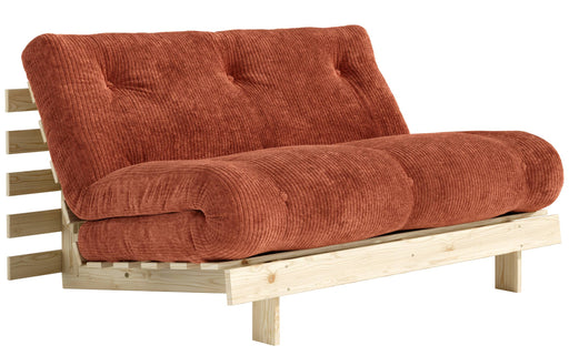 Sofa Schlafsofa ROOTS 140 mit terrakottafarbenem Cordbezug und Kiefer-Massivholzgestell in Gesamtansicht.