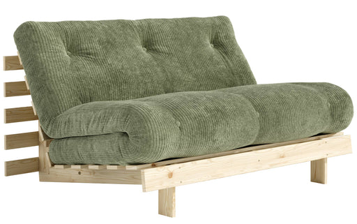 Sofa Schlafsofa ROOTS 140 mit grünem Polster aus Cord und Kiefernholzgestell in Gesamtansicht von vorne.