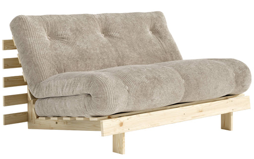 Sofa Schlafsofa ROOTS 140 mit beigefarbenem Cordpolster und Kiefernholzgestell in Gesamtansicht von vorne.