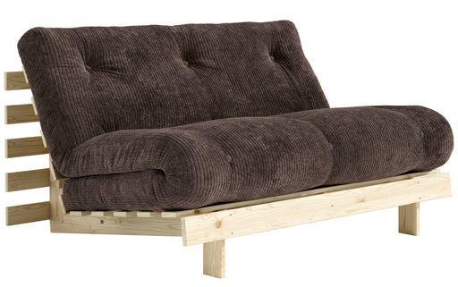 Sofa Schlafsofa ROOTS 140 mit Cordpolster in Dunkelbraun und Kiefernholzgestell, Gesamtansicht schräg vorne.