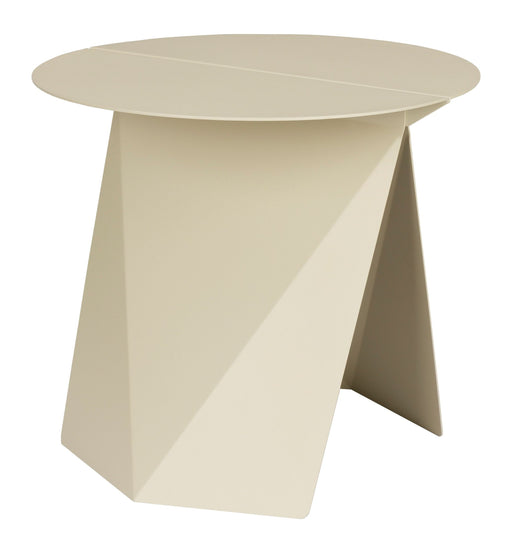 Beistelltisch Foldy Zuiver in Beige mit runder Tischplatte und gefalteter Origami-Gestaltung, Gesamtansicht.