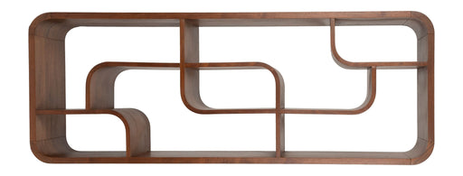 Schrank Seven im Bogendesign aus Nussbaumfurnier, Gesamtansicht der geschwungenen Fachkonstruktion in Braun.