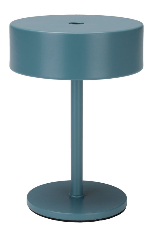 Tischlampe Mini Vintage Indigo kabellos mit Touch-Dimmer, Gesamtansicht mit rundem blauem Schirm und zylindrischem Ständer.