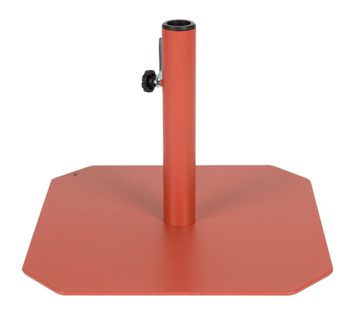 Sonnenschirmständer Sunshine Marsala in Rot mit quadratischer Basis und zentraler Stützstange, Gesamtansicht.