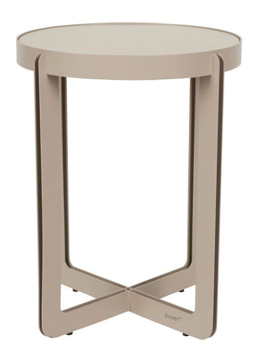 Beistelltisch Centre von Zuiver in Beige mit runder MDF-Platte und geschwungenen Stahlbeinen in X-Form, Gesamtansicht.