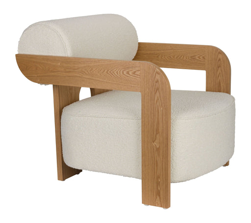 Loungesessel Oolong Beige mit beigefarbenem Bouclé-Bezug und geschwungenem Eschenholz-Gestell, Gesamtansicht.