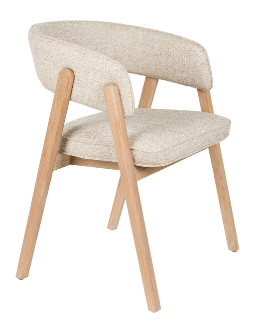 Sessel Bright Beige mit geschwungener Rückenlehne und Eichenholzgestell in Gesamtansicht.