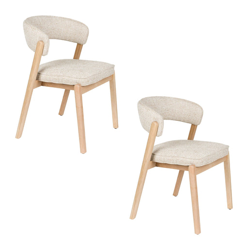 Esszimmerstuhl Bright 2er-Set in Beige mit geschwungener Rückenlehne und Eichenholz-Gestell, Gesamtansicht von vorne.