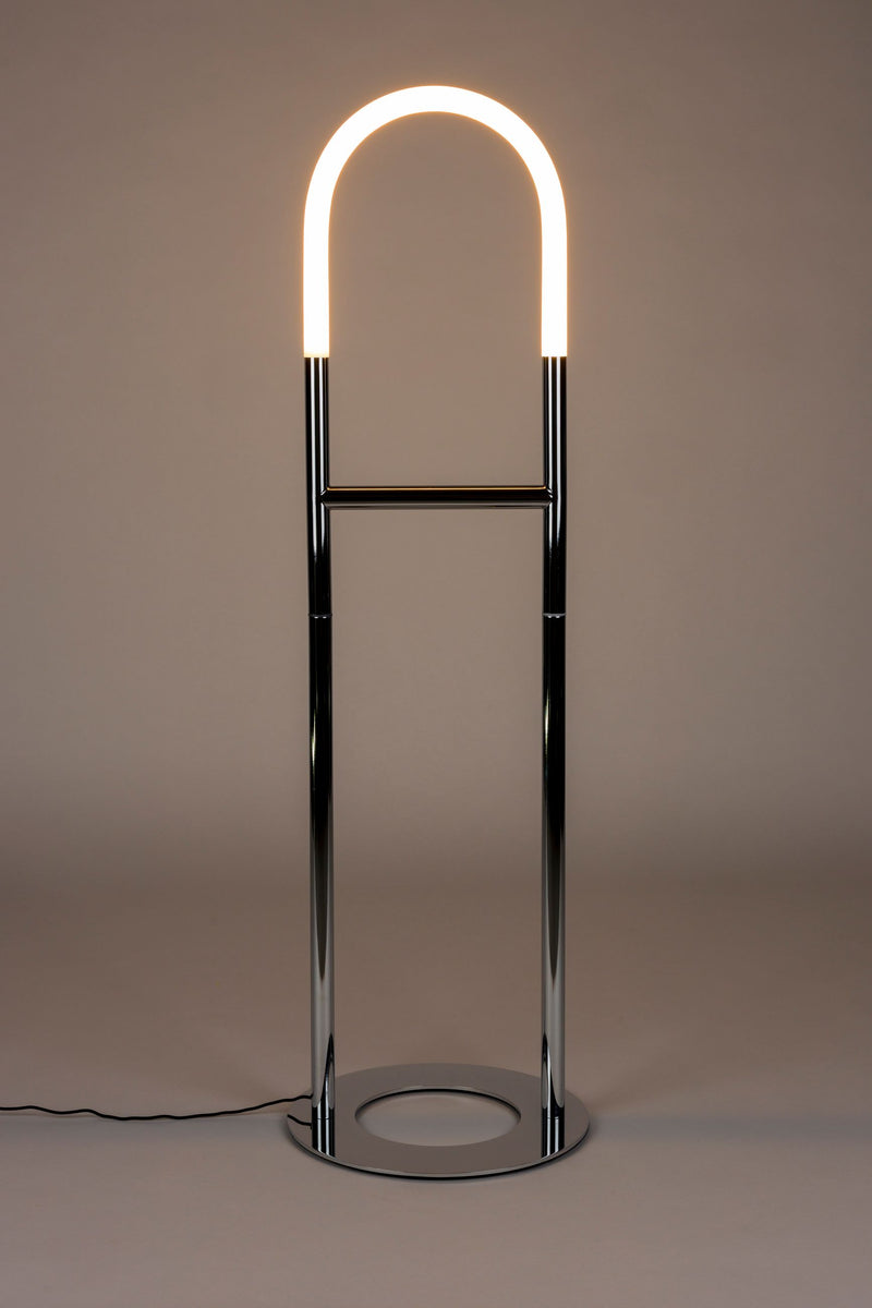 Stehlampe Arch Chrome mit Metallfuß und römischem Bogendesign