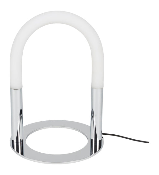 Tischlampe Arch Chrome mit gebogenem Gestell aus Eisen in Silber, Gesamtansicht von vorne.