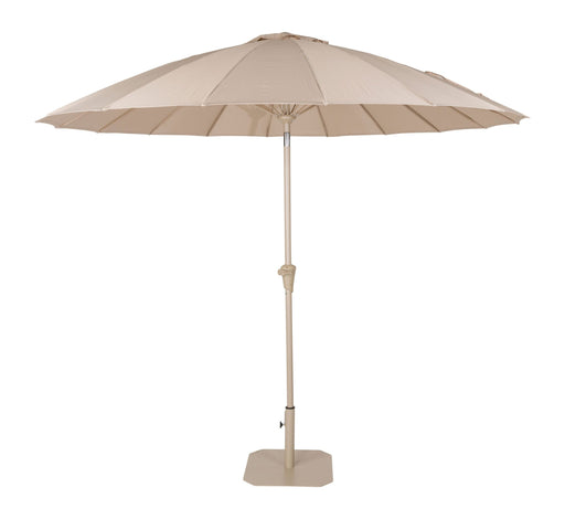 Sonnenschirm Sunshine Zuiver in Beige mit rundem Schirmdach und quadratischem Ständer, Gesamtansicht.