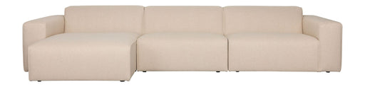 Sofa Milka 4,5-Sitzer links in Sand mit Chaiselongue, Gesamtansicht von vorne.