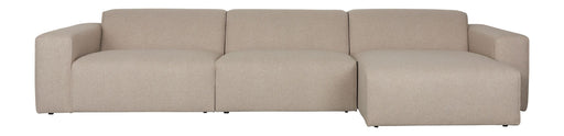 Sofa Milka 4,5-Sitzer rechts Cappuccino mit Chaiselongue in Beige, Gesamtansicht von vorne.