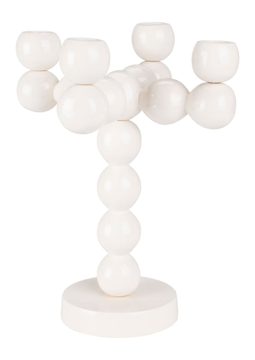 Kerzenständer Bubbles Four aus Aluminium in Beige mit vier kugelförmigen Haltern, Gesamtansicht.