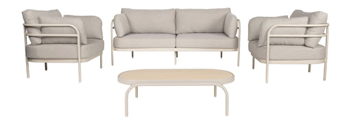 Gartenmöbel-Set Vista mit Sofa, zwei Sesseln und ovalem Coffee Table aus Aluminium in Beige, Gesamtansicht.