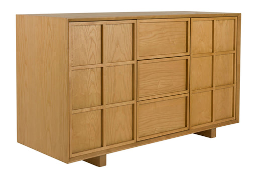 Sideboard Raster High mit Eschenfurnier, Natur, Gesamtansicht von vorne mit Rasterfassade und Holzfüßen.
