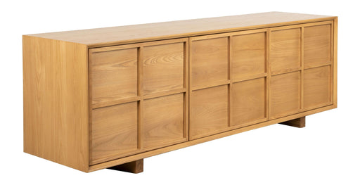 Sideboard Raster Low aus Eschenfurnier in Natur mit geteilten Türfronten, Gesamtansicht von vorne.