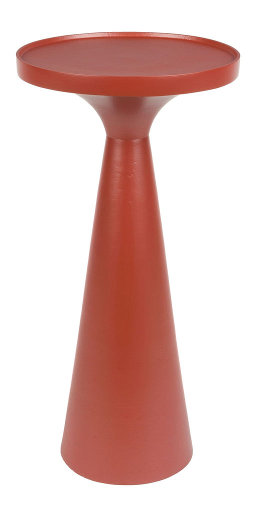 Beistelltisch Floss Marsala mit runder roter Aluminiumplatte und konischem Aluminiumgestell in Rot, Gesamtansicht.