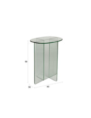 Beistelltisch Linea aus transparentem Glas mit gekreuztem Glasgestell in Gesamtansicht.