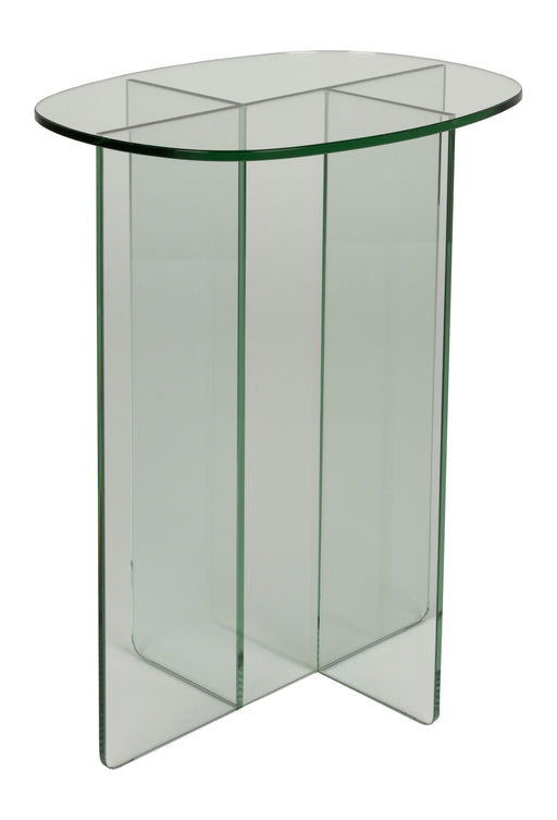 Beistelltisch Linea aus transparentem Glas mit ovaler Glasplatte und gekreuztem Glasgestell, Gesamtansicht.