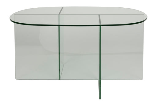 Couchtisch Linea Transparent mit ovaler Glasplatte und transparentem Glasgestell, Gesamtansicht.
