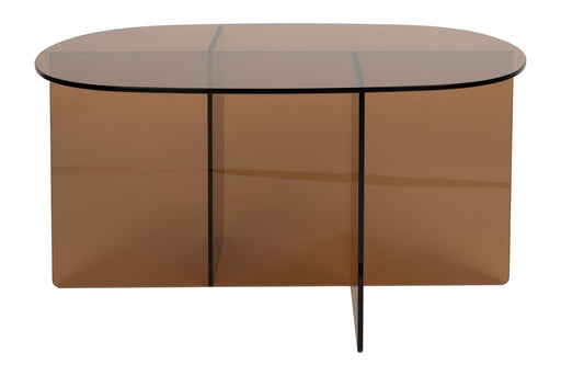 Couchtisch Linea Brown mit ovaler Glastischplatte und braunem Glasgestell in Gesamtansicht.
