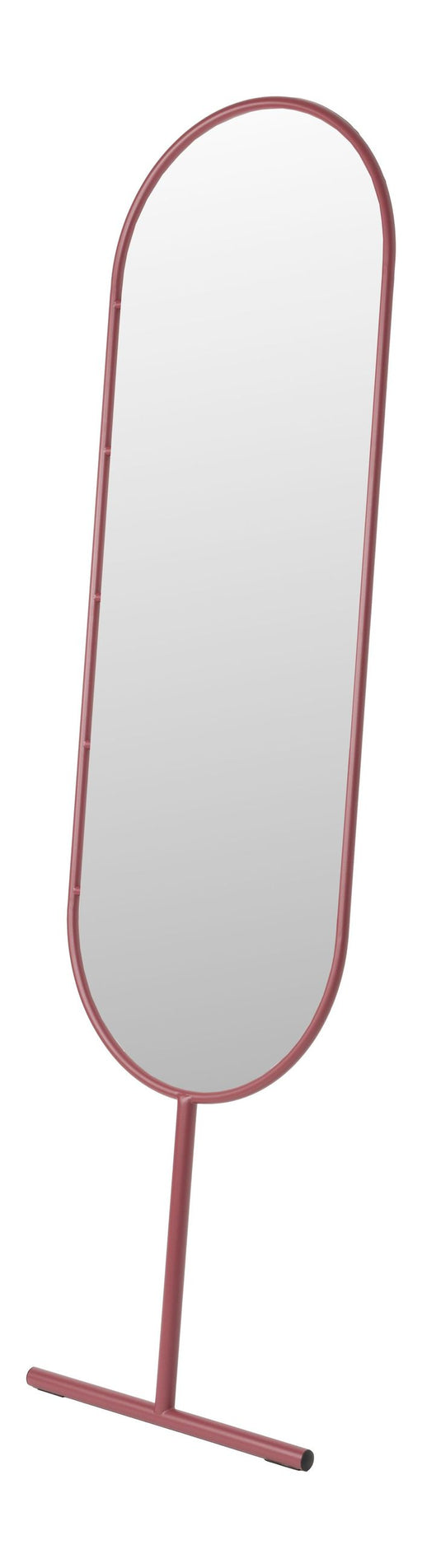 Standspiegel Tess Marsala mit ovalem Spiegelglas und rotem Stahlgestell in Gesamtansicht.
