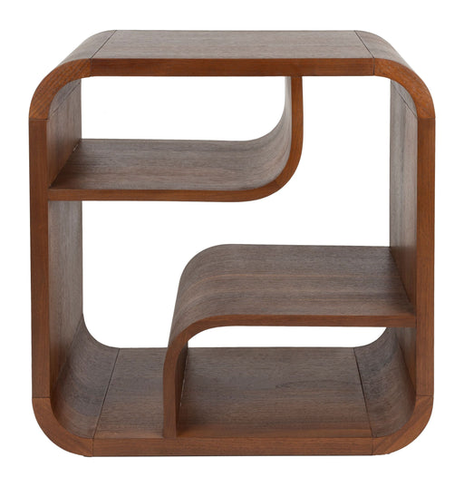 Schrank Seven S mit Bogendesign aus Nussbaumfurnier in Braun, drei offene Fächer und abgerundete Kanten.