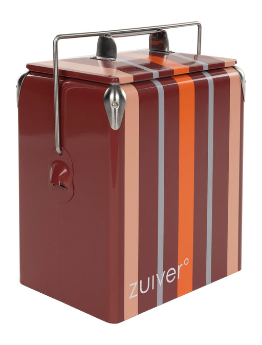 Kühler Cooler Be Wine Stripes Burgundy in Rot mit vertikalen orange-grauem Streifenmuster und Tragegriff, Vorderansicht.