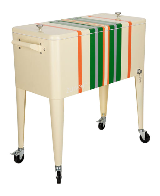 Kühlbox Cooler Be Cool Stripes Lemon in Creme mit mehrfarbigen Streifen, Rollen und Tragegriffen in Gesamtansicht.