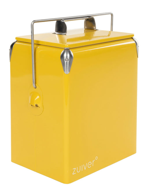 Gelbe Kühlbox Be Wine Olive mit Metallbügel und Kunststoffgriffen in Gesamtansicht.